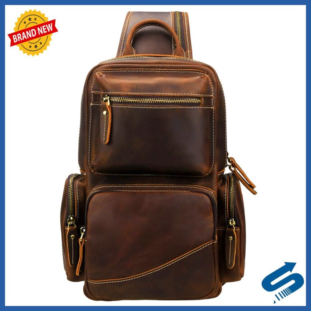 Full Grain Leather Sling Bag Fits 10.5 iPad Crossbody Backpack Men